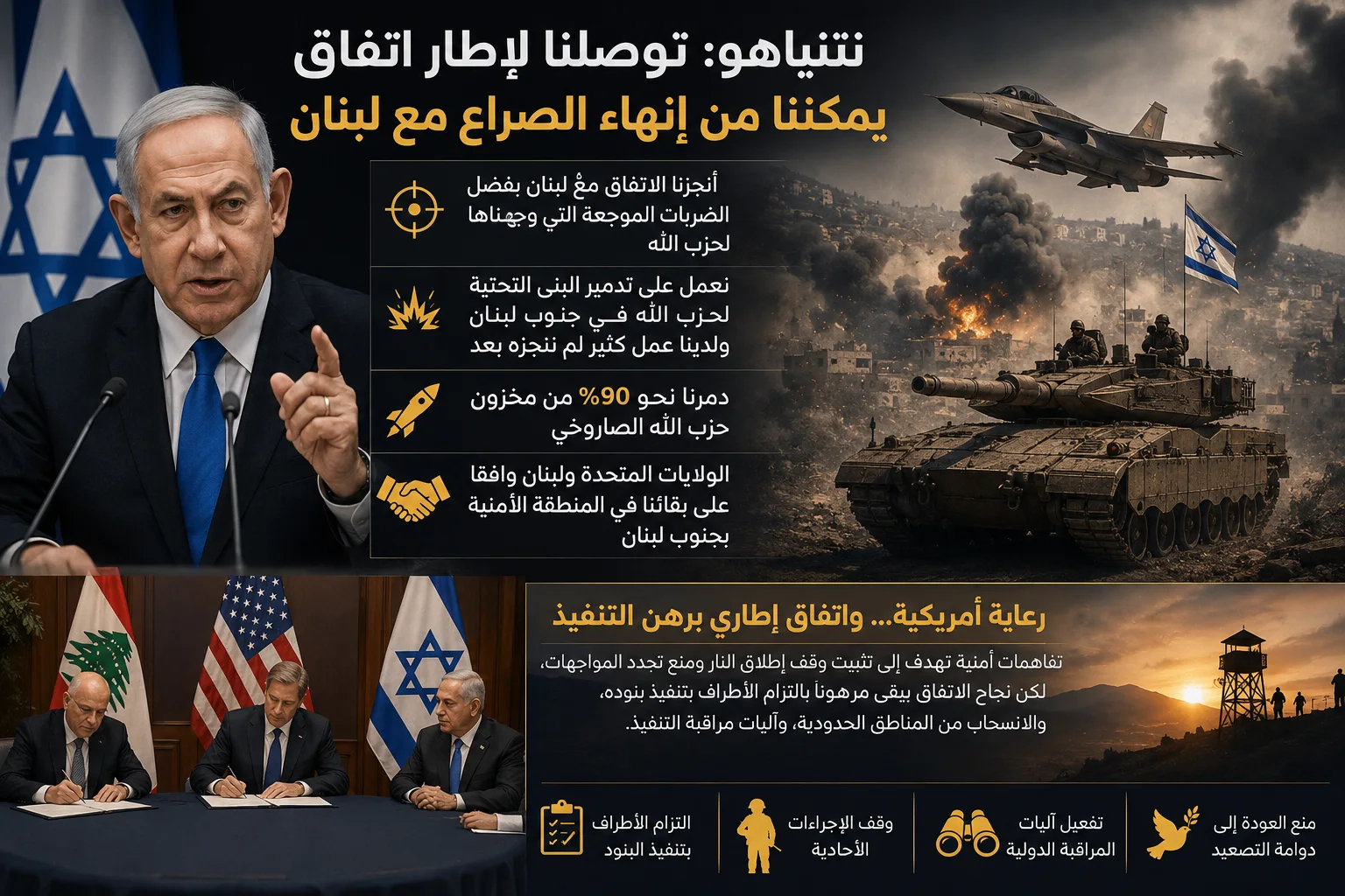 نتنياهو : توصلنا إلى إطار اتفاق لإنهاء الصراع مع لبنان... والتنفيذ يبقى رهن الاختبار