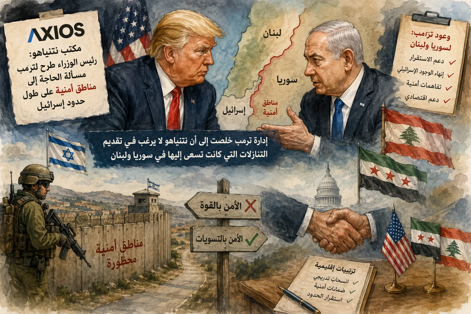 أكسيوس:  نتنياهو يطلب من ترامب الاعتراف بمناطق أمنية على حدود إسرائيل